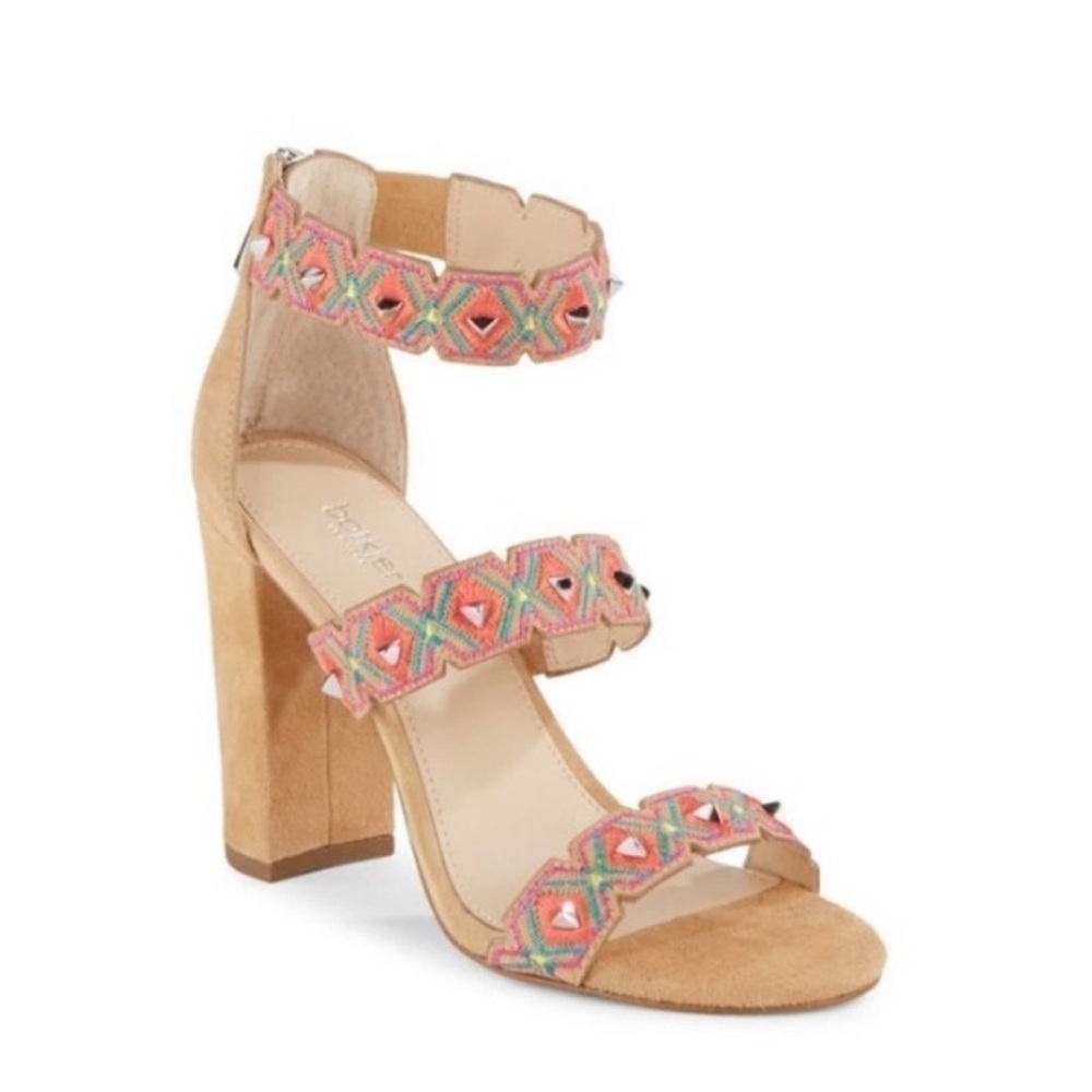 Botkier New York tribal embroidered strappy heels pink tan aqua size 8.5